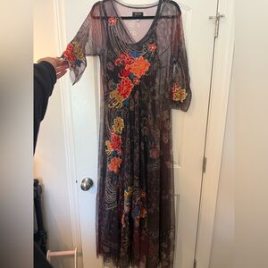 Johnny Was Black Sheer Maxi Dress with Colorful Embroidery